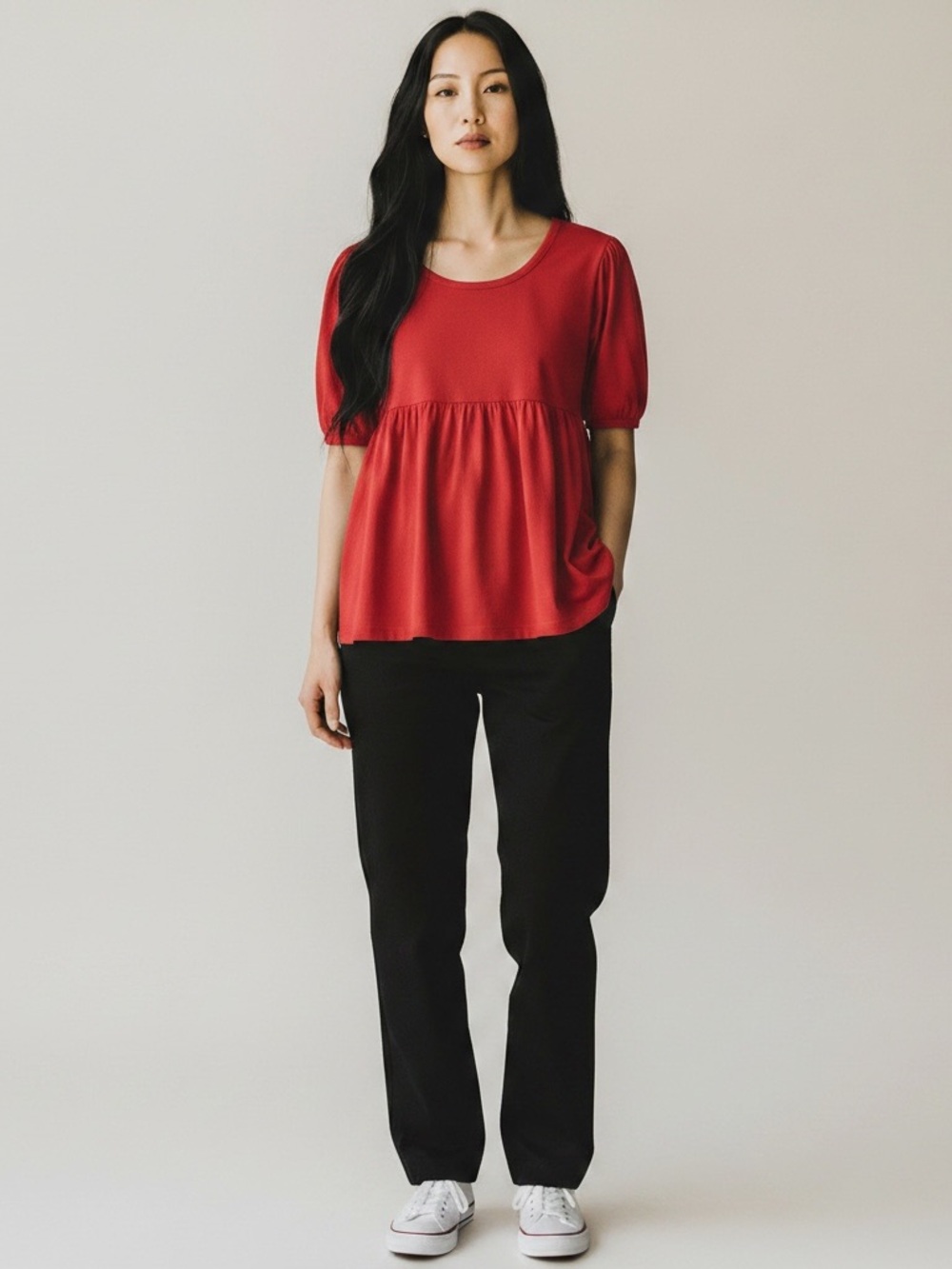 Maternity Zero 2 Nine M Red Puff Sleeve Peplum Cotton blend Top